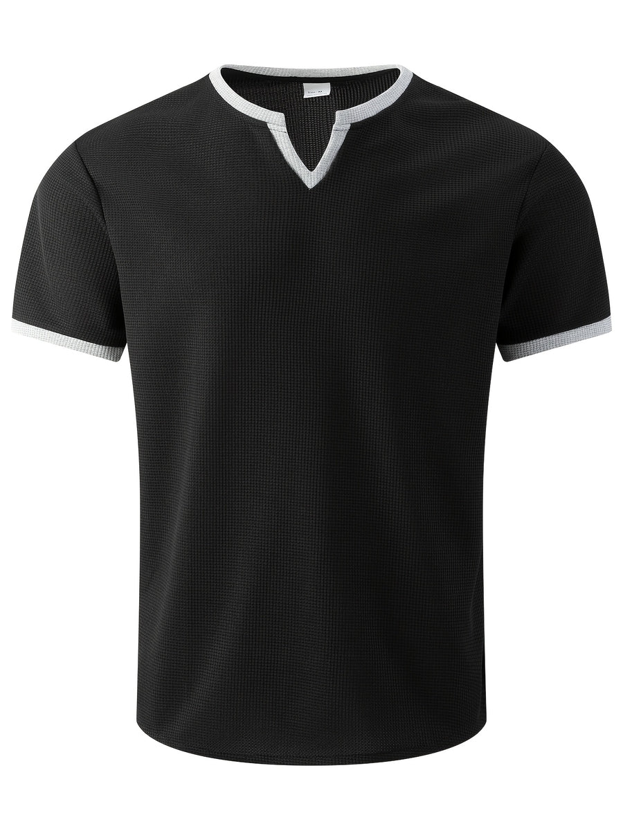 Men'S Solid Waffle Knit V-Neck Tee, Contrast Edge Short Sleeve Casual Daily T-Shirt - Black
