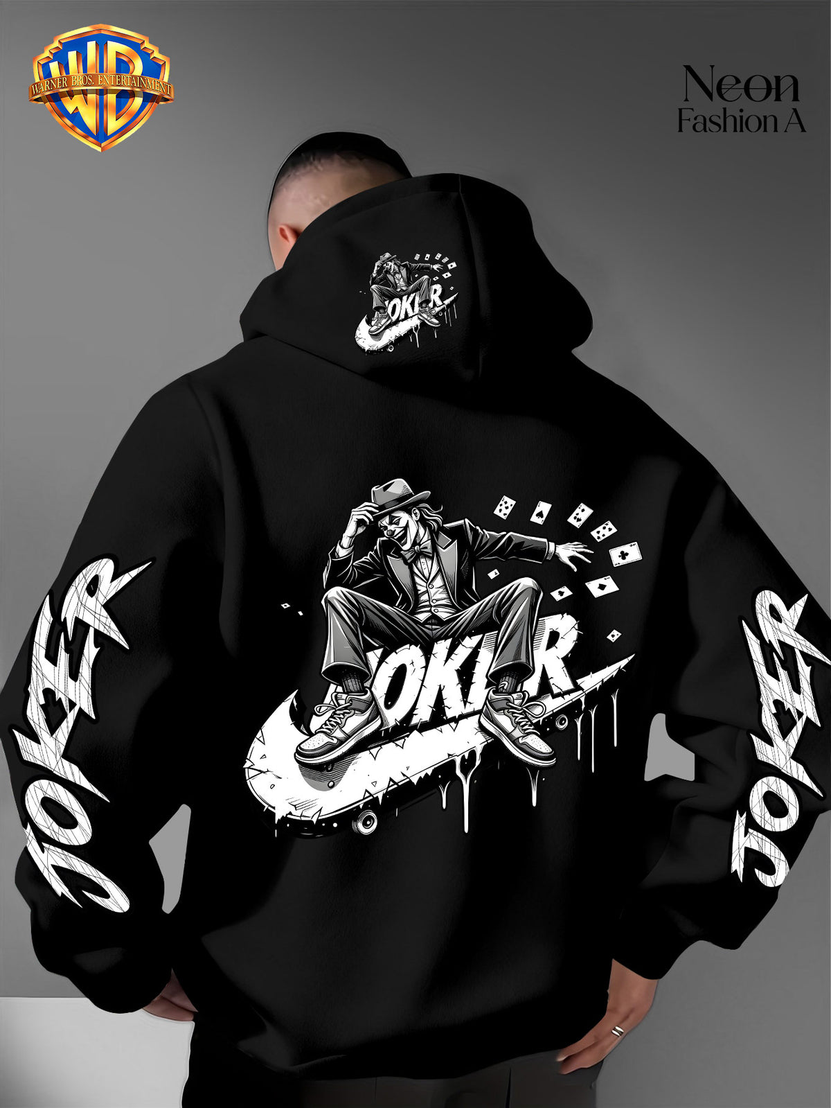 Warner Bros. Official Men'S Autumn Winter Trendy Print Hooded Fleece Sweatshirt, Long Sleeve Pullover Hoodie, Black And White Line Art Skateboard Joker Dripping Graffiti Trendy Print Pattern, Kangaroo Pouch And Drawstring Design - Black