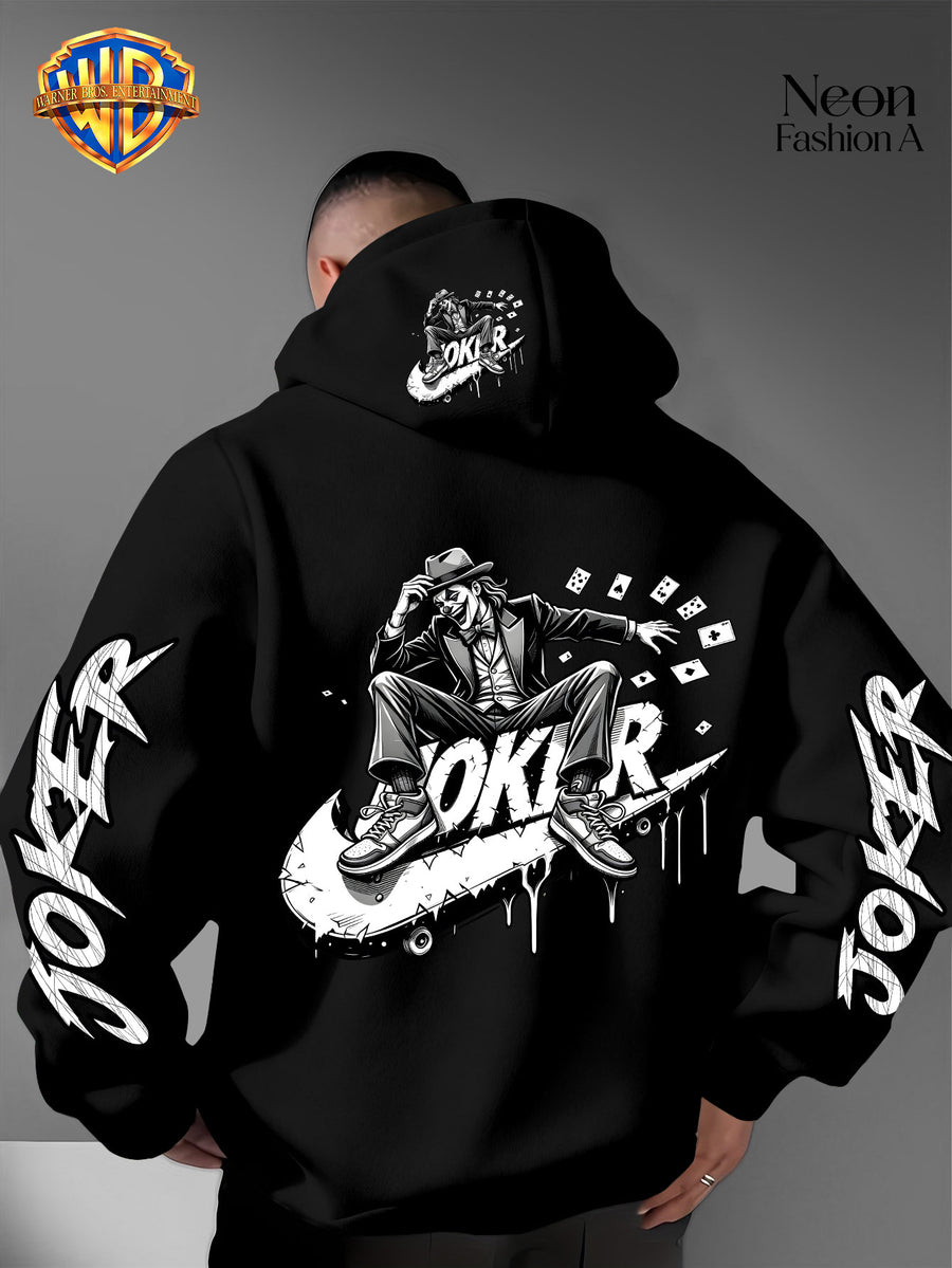 Warner Bros. Official Men'S Autumn Winter Trendy Print Hooded Fleece Sweatshirt, Long Sleeve Pullover Hoodie, Black And White Line Art Skateboard Joker Dripping Graffiti Trendy Print Pattern, Kangaroo Pouch And Drawstring Design - Black