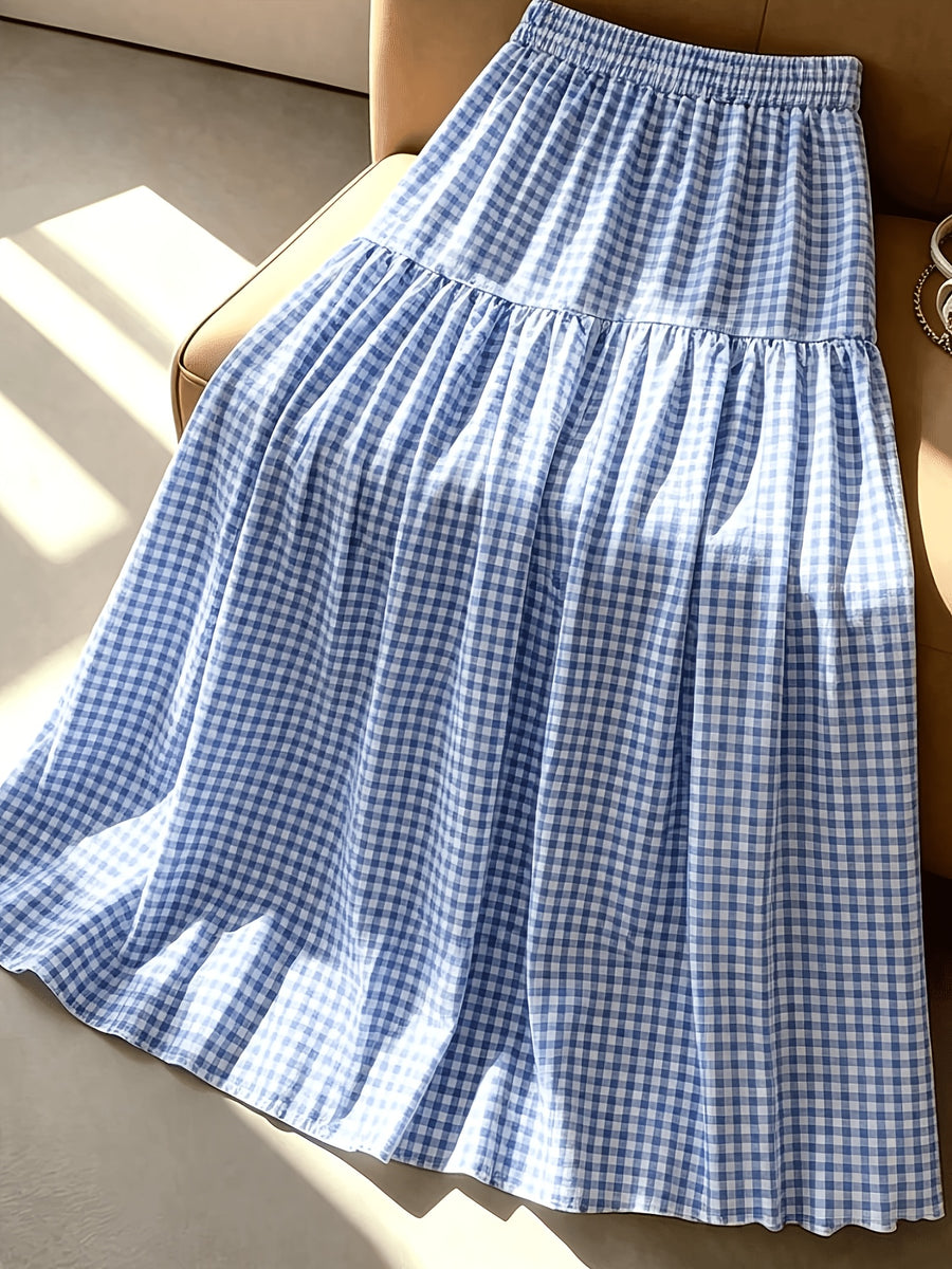 Women'S Multicolor Printed Elastic Waist Tiered Long Skirt, Beige, Spring Summer Fall Style, Bohemian Aesthetic, Picnic And Vacation Wear, Elegant Choice, Street Photography, Teacher Outfit - Blue