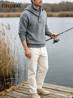 FORLENGKE Men'S Intercity Lightweight Travel Wind Hooded Double Placket Knit Top, Zipper Button-Up Dual Adjustable Style Flexible, Autumn Winter Short Distance Travel Self-Driving Roaming Golf Sports Outdoor Camping Casual Outerwear Top - Light Grey