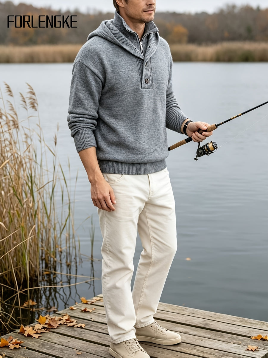 FORLENGKE Men'S Intercity Lightweight Travel Wind Hooded Double Placket Knit Top, Zipper Button-Up Dual Adjustable Style Flexible, Autumn Winter Short Distance Travel Self-Driving Roaming Golf Sports Outdoor Camping Casual Outerwear Top - Light Grey