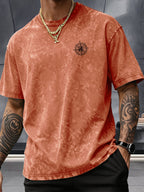Short Sleeve Top, Washed Distressed Loose Round Neck T-Shirt, Double-Sided Compass And Needle Trendy Print, Casual Styling American Street High Street Hip-Hop Couple Style Daily Outing Commute Statement Sports Fitness All-Match Top - Orange