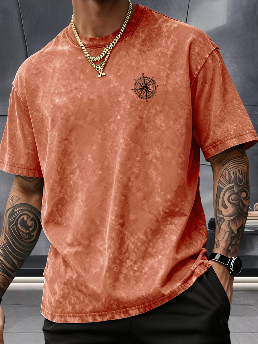 Short Sleeve Top, Washed Distressed Loose Round Neck T-Shirt, Double-Sided Compass And Needle Trendy Print, Casual Styling American Street High Street Hip-Hop Couple Style Daily Outing Commute Statement Sports Fitness All-Match Top - Orange