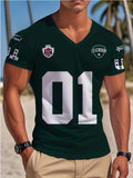 Men'S Summer Sports Casual Quick-Dry Breathable Stretch V-Neck Short Sleeve T-Shirt with Printed Design - Non-Textured - Green