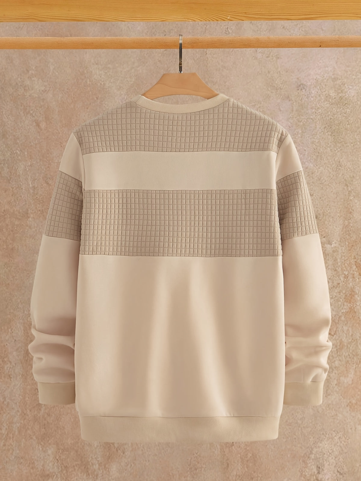 Premium Plaid Texture Patchwork Sweatshirt for Men, New Autumn Collection, Color Block Crew Neck, Versatile Casual Loose Fit Long Sleeve Top - Wheat-colored