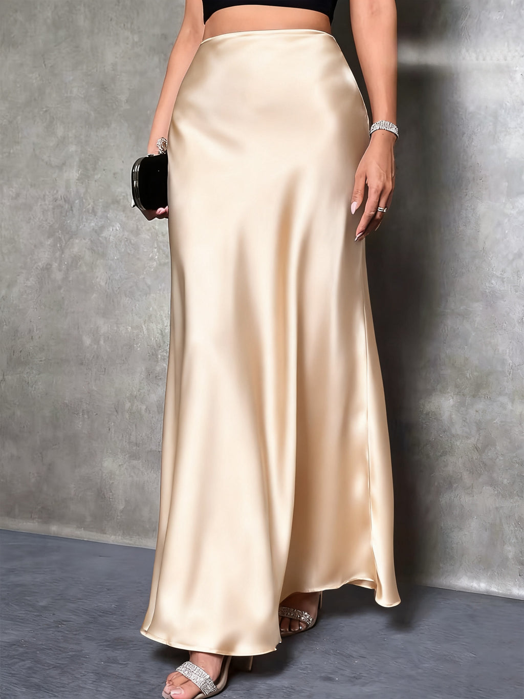Elegant Women's Long Skirt - Satin Jersey Fabric with a Satin Finish, Perfect for Christmas & Valentine's Day Date Outfits, Suitable for Autumn/Winter Holiday Parties and Commuting, Machine Washable Light Luxury Design, High-End and Graceful - Apricot