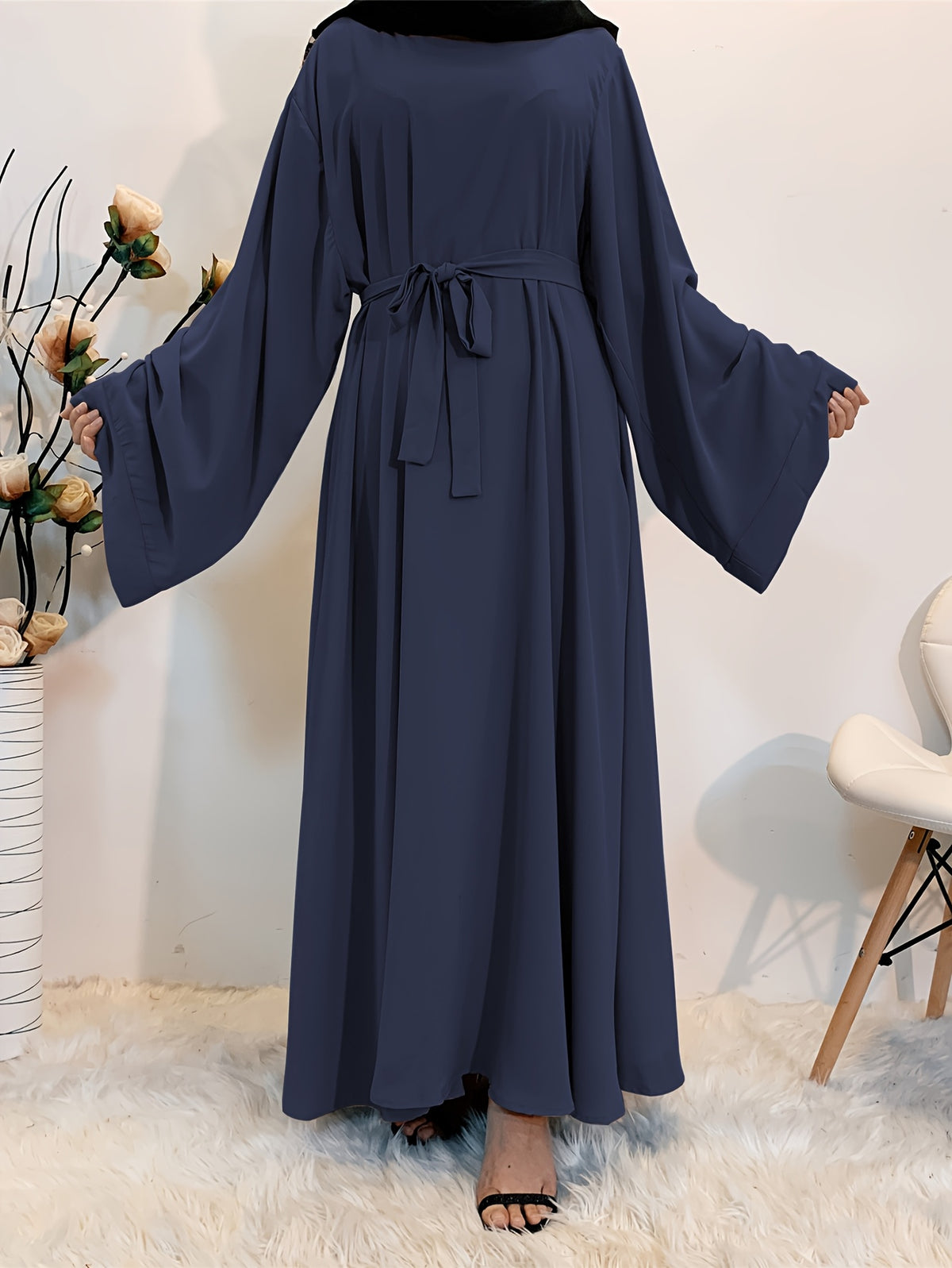 1pc Fashionable, Elegant, Comfortable, and Casual Wide-sleeved Abaya with Belt. Solid Color Suitable for Daily Wear. Loose and Comfortable Women's Abaya Dress. Ferace Tesettür Clothing, Women's Abayas for Muslim Women, Islamic Wear for Women - Navy Color