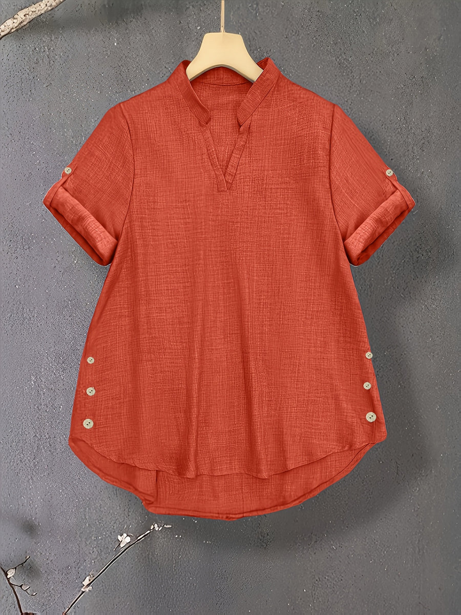 New V-neck Button-detail Short-sleeve Top with Elastic Waist and Side Slant Pockets Women's Set - Orange Red