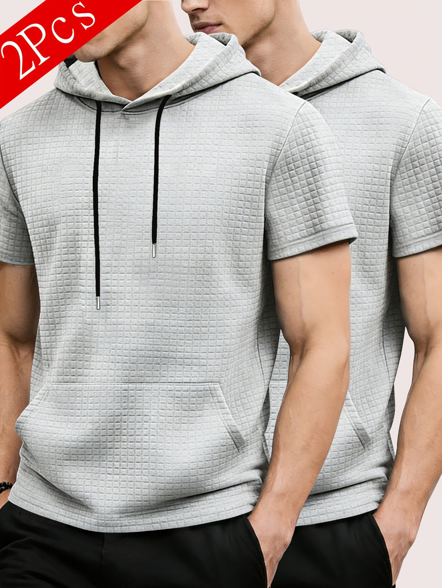2pcs Men's Waffle Knit Short-Sleeve Hoodie with Kangaroo Pocket, Soft and Breathable Fabric, Multiple Color Options, Versatile, Simple, Stylish, and Casual for Daily Wear or Sports, a Great Choice for Holiday Gifts for Fathers, Partners, and Friends - Gray + Gray