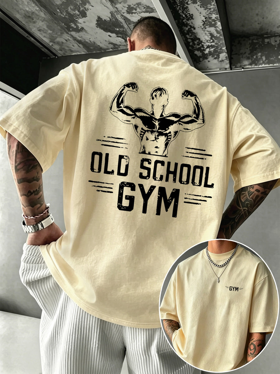 Men'S 100% T-Shirt Retro Fitness Muscle Pattern Comfortable Breathable Summer Casual Athletic Top - Apricot