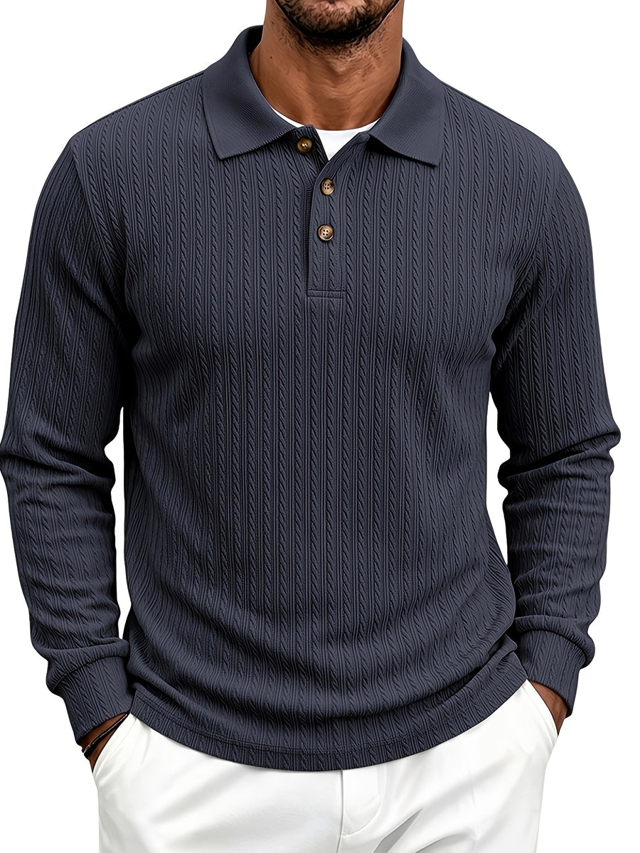 Spring/Autumn Men'S Long Sleeve Polo Shirt, High-Elastic Textured Vertical Rib Jacquard Collar T-Shirt, Business Casual Slim Fit Versatile Solid Color Pullover Top - Navy Color