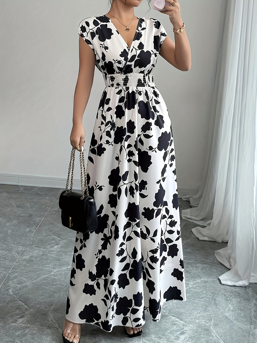 Elegant Pink Floral Maxi Dress with V-Neck and Short Sleeves - Flowing A-Line Silhouette, Cinched Waist, Perfect for Spring/Fall, Casual to Formal Wear, Casual Elegant Wear | Floral Print Dress | Cinched Waist Design - Black and white dress