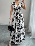 Elegant Pink Floral Maxi Dress with V-Neck and Short Sleeves - Flowing A-Line Silhouette, Cinched Waist, Perfect for Spring/Fall, Casual to Formal Wear, Casual Elegant Wear | Floral Print Dress | Cinched Waist Design - Black and white dress