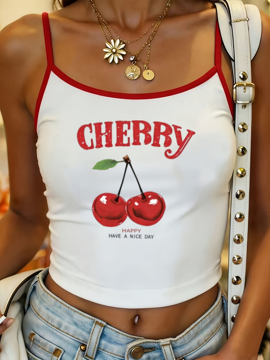 Women'S Tight Fruit Print Casual Camisole Tank Top, Summer Cami Top, Casual Vest, Vacation Vest, Casual Daily, Commute, Vacation Style, New Summer Styles - White