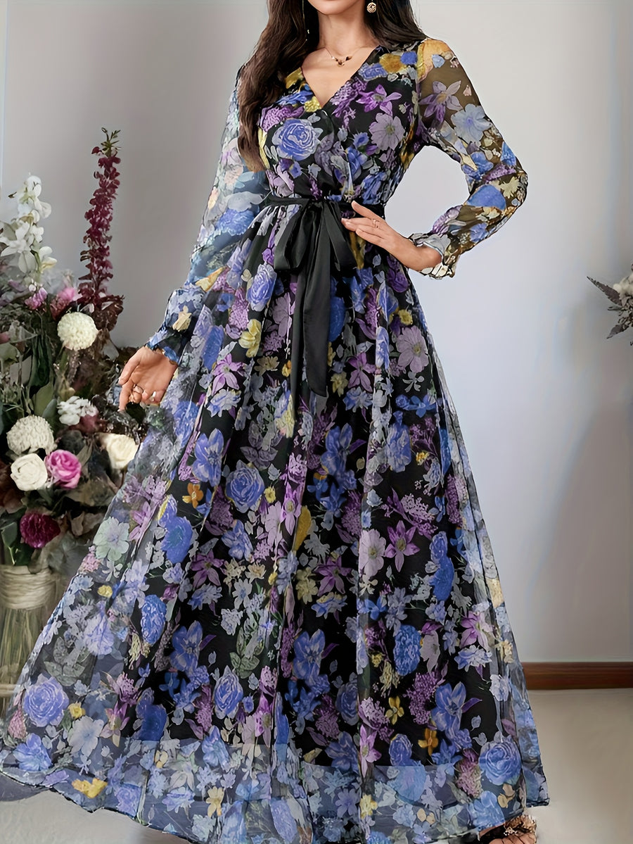 New elegant ladies cross collar lantern long sleeve waist oversized swing floral fashion mesh print romantic holiday maxi dress - Blue