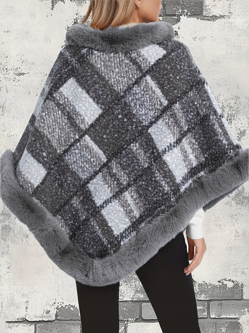 Bust (unlined)" "Length Includes Faux Trim" Elegant Special Edition 1pc Elegant Women's Round Neck Plaid Shawl Pullover, Faux Trim Patch Decoration, 100% Polyester Fiber, Stylish and Elegant European/American Style Thickened Warm Pullover - Grey