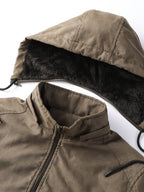 Men's Winter Vintage Trendy Hooded Padded Coat, Street Fashion Jacket, Plush-Lined Thickened Casual Jacket with Detachable Hood, Workwear Top - Khaki