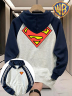 Men'S Color-Block Shoulder Ripped Zipper Hooded Sweatshirt, Easy Classic Superman S Shield Logo Front-Back Print Style, Men'S Trendy Cardigan Hoodie, Loose Jacket, Pocket Design, Comfortable, Casual, Commute, Vacation, Premium, Couple Style - Navy Color