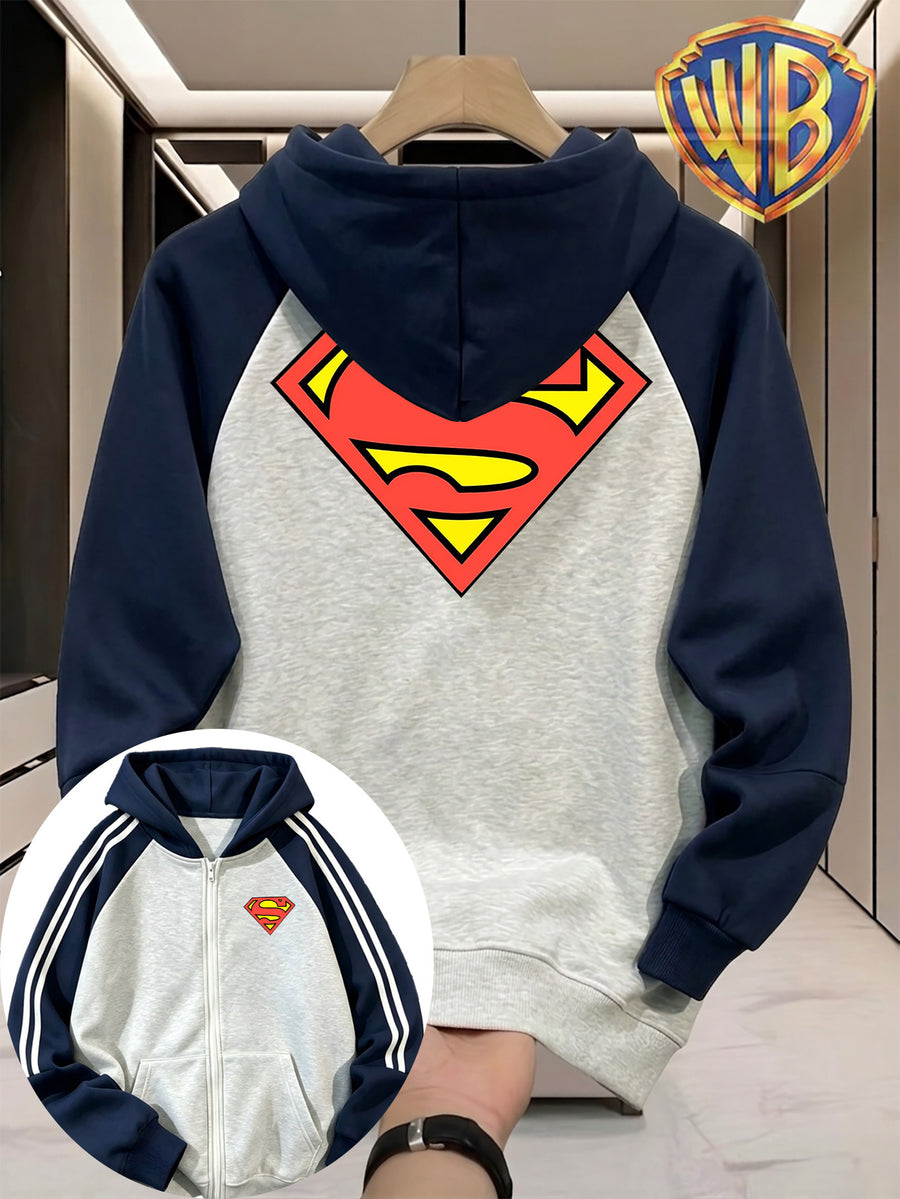 Men'S Color-Block Shoulder Ripped Zipper Hooded Sweatshirt, Easy Classic Superman S Shield Logo Front-Back Print Style, Men'S Trendy Cardigan Hoodie, Loose Jacket, Pocket Design, Comfortable, Casual, Commute, Vacation, Premium, Couple Style - Navy Color