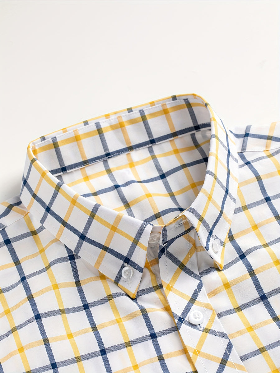 Men's Dress Shirt - Classic Checkered Pattern, Classic Notch Lapel with Button Design, Machine Washable, All-Season Regular Fit Suitable for Casual and Formal Wear - Yellow And Blue Plaid