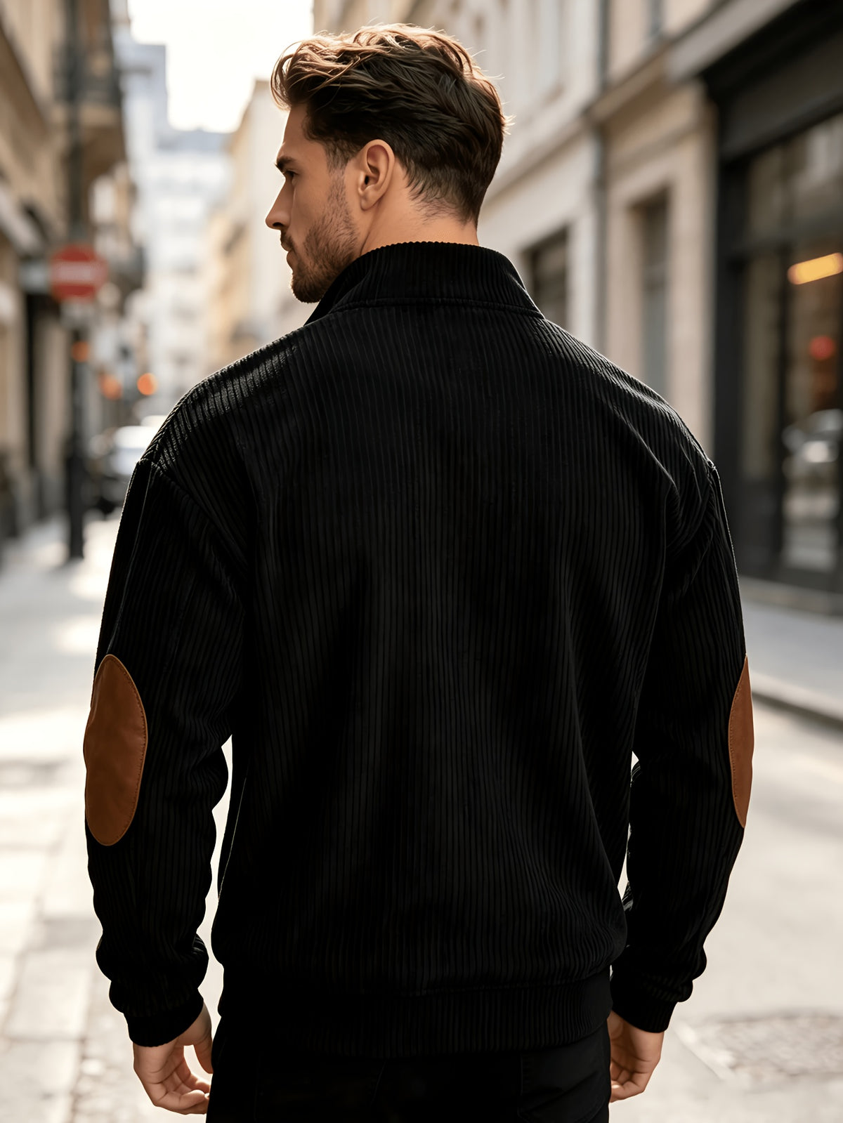 Men'S 2pcs Corduroy Pullover Sweatshirt Set, Half-Button Stand Collar Long Sleeve Top with Elbow Patchwork, Retro Vertical Texture Fabric, Loose Fit Soft Warm Comfortable Pullover Sweater, Suitable for Autumn/Winter Casual Wear - Black + Apricot