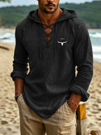 American Western Coastal Vacation Men's Linen Hooded Long-Sleeve Shirt. Long Horn and Five-star Print Enhances Clothing Recognition. Creative Cross-tie Collar Adds Rich Layers. Long-sleeve Cut with Hooded Design Creates an Atmospheric Men's Outfit - Black