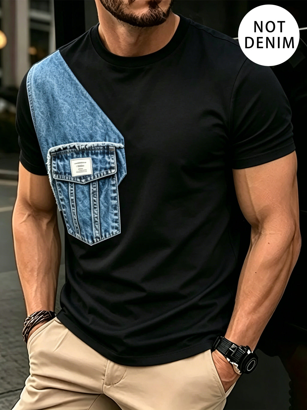 Men'S Fake Faux Denim Pocket Optical Illusion T-Shirt, Faux Jean Patch Crew Neck Short Sleeve Street Tee - Mixed colors
