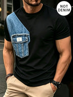 Men'S Fake Faux Denim Pocket Optical Illusion T-Shirt, Faux Jean Patch Crew Neck Short Sleeve Street Tee - Mixed colors