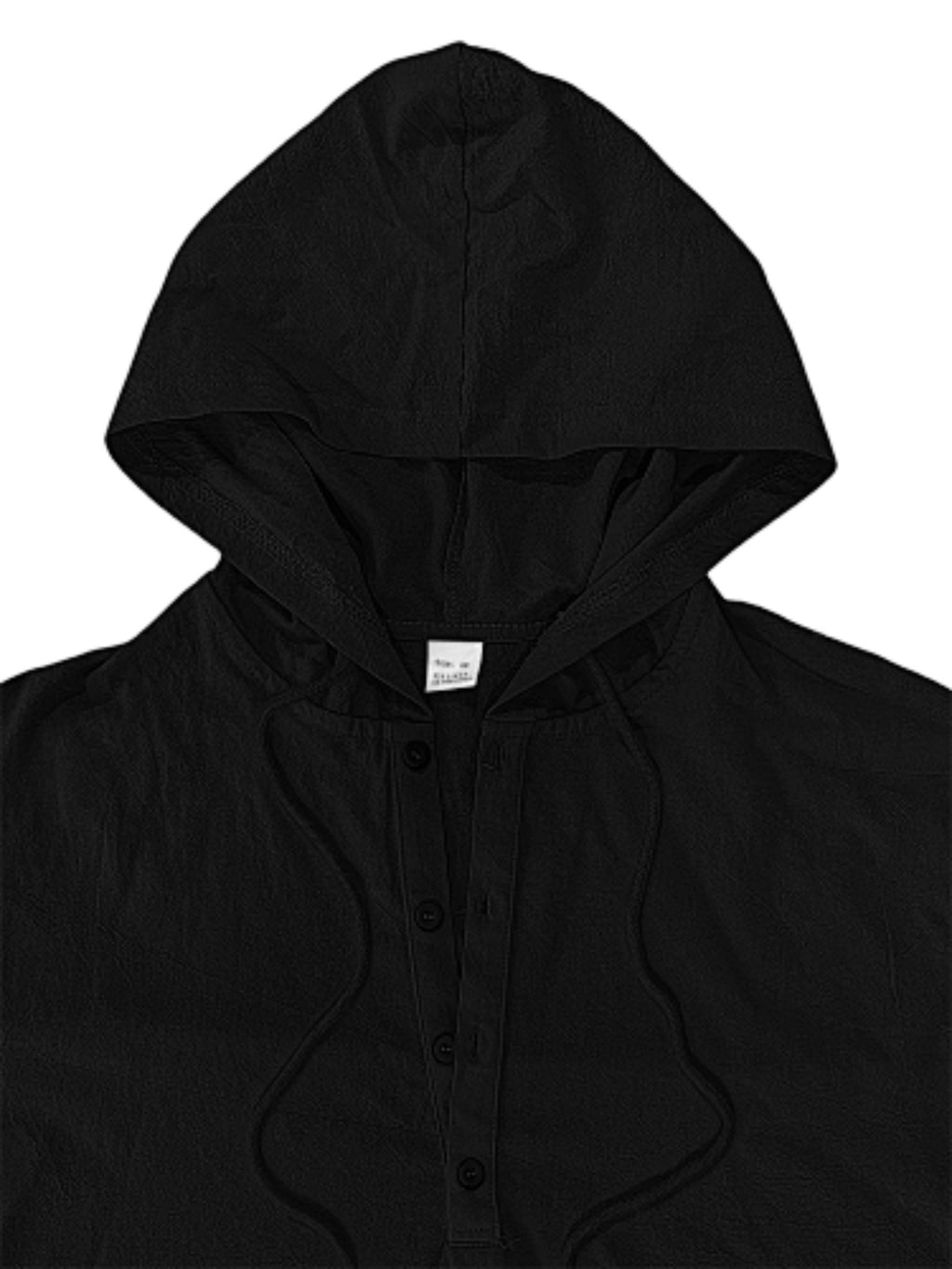 1pc Daily Holiday Outfit Essential, Minimalist Casual Style Pleated Breathable Linen Men'S Hooded Long Sleeve Polo Shirt, Half-Button Loose Non-Stuffy, Outdoor Commute All-Season Men'S Clothing - Black