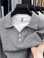 New Autumn/Winter Men's Pullover, Faux 2pcs Long Sleeve Lapel Knit Sweater, Geometric Pattern Men's Button-Up Sweater, Business Casual Fashion Versatile Solid Color Men's Top, Suitable for Daily Outings in Spring and Autumn, Men's Gift, First Choice - Light Grey