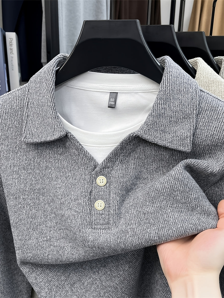 New Autumn/Winter Men's Pullover, Faux 2pcs Long Sleeve Lapel Knit Sweater, Geometric Pattern Men's Button-Up Sweater, Business Casual Fashion Versatile Solid Color Men's Top, Suitable for Daily Outings in Spring and Autumn, Men's Gift, First Choice - Light Grey