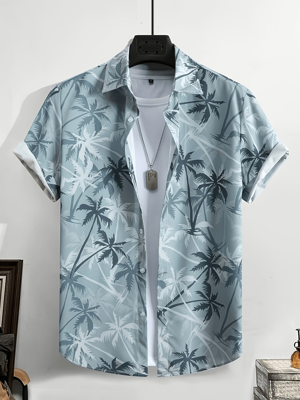 Men'S Casual Coconut Tree Print Short-Sleeved Shirt, Beach Shirt, Men'S Tropical Shirt, Men'S Summer Shirt, Tropical Shirt, Men'S Palm Tree Shirt, Blue Hawaiian Shirt, Men'S Hawaiian Print Shirt - Slate Grey