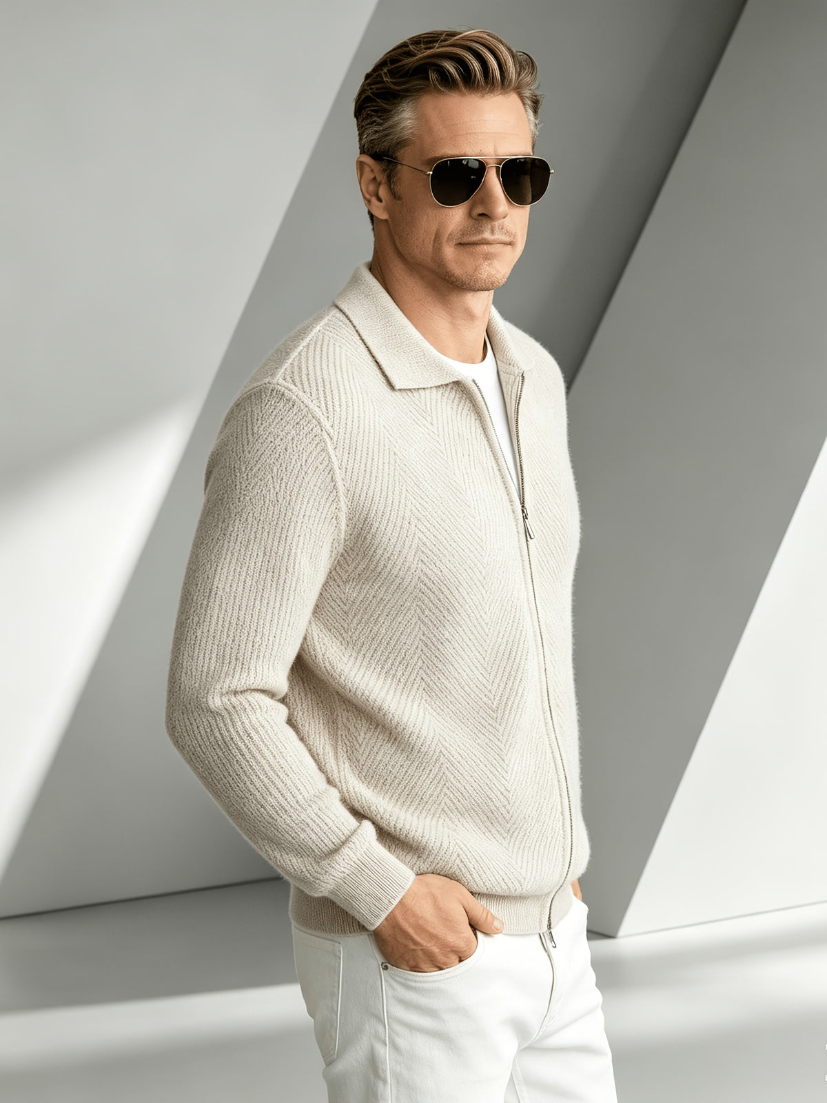 Business Mature Casual Men'S Lapel Full-Zip Knit Cardigan, Ribbed Cuffs And Hem Fitted Long Sleeve Knit Jacket, Suitable for Daily, Office, And Weekend Wear in Autumn And Winter - Apricot