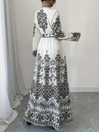 Retro Ethnic Style Long-Sleeve Printed Dress with Ties, Featuring an Elegant Long Design - Black