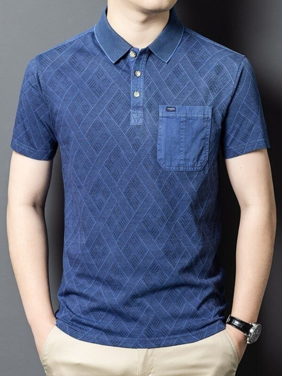 Men'S Washed Distressed Denim Style Polo Shirt, Blend Jacquard Breathable Short Sleeve Middle-Aged Dad Wear - Navy Color