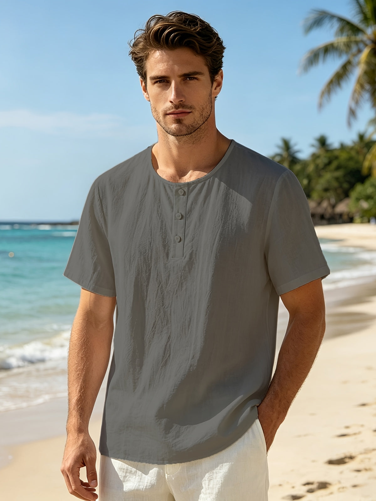 Men'S Summer Short-Sleeve T-Shirt Set, 2Pcss Beach Casual Breathable Top, Easy Design for Pool Parties And Beach Vacations, Ideal Gift for Beachwear, Daily Casual Relaxed (2Pcss Set) - Grey+Army Green