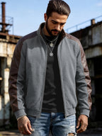 EXARUS American Retro Stand Collar Patchwork Jacket Men'S Spring Autumn Style, Waffle Checkered with Drop Shoulder Cargo Coat, Western Street Casual Zipper Baseball Top. 3D Textured Fabric, Smooth Full Zip Closure, Brown And Gray Available - Grey