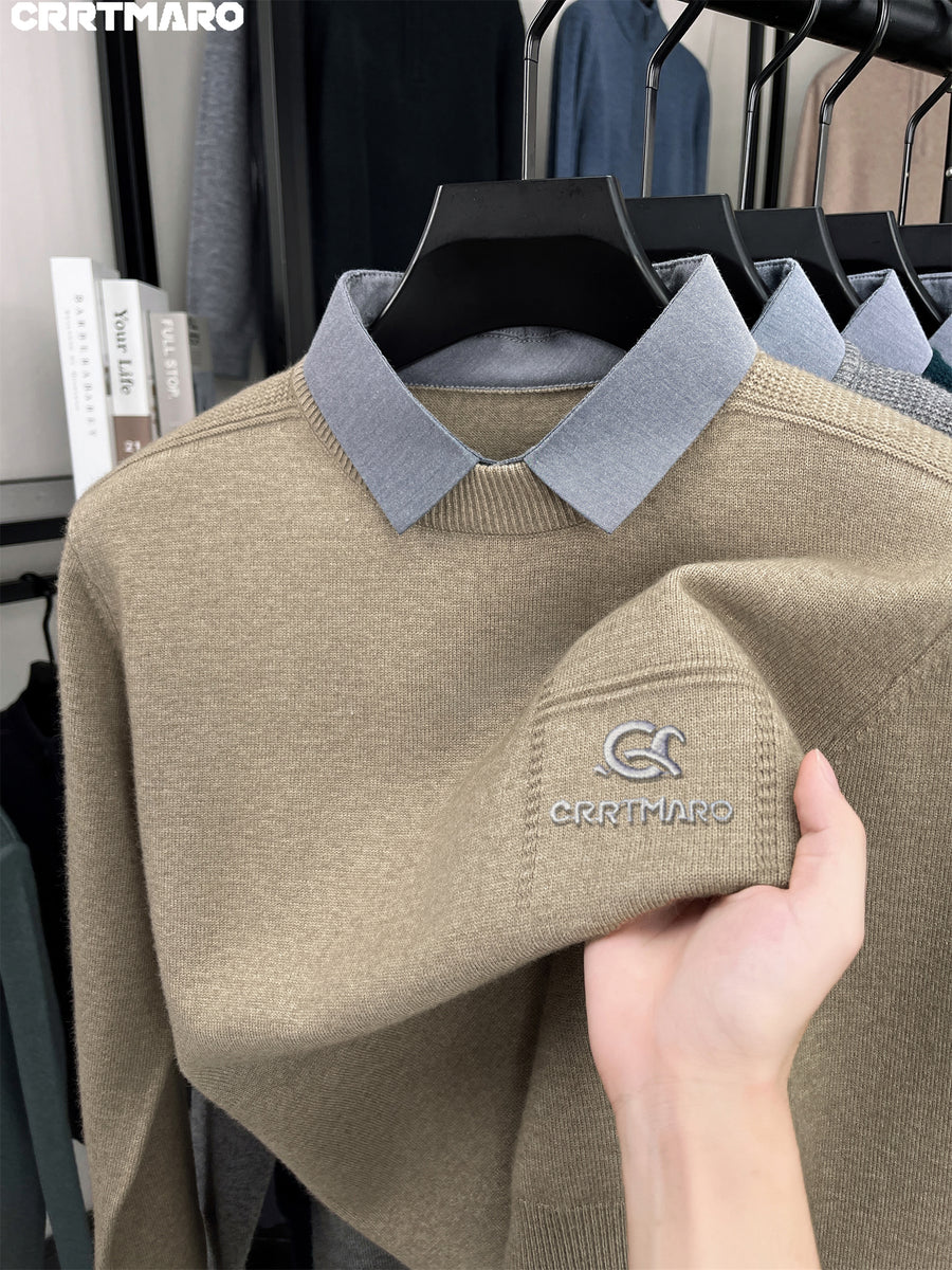 Katemar CRRTMARO Autumn/Winter Knitted Three-Dimensional Solid Color Lapel Sweater Basic Pullover Knitwear Men's Fashion Knitwear Short Sleeve JAE - Camel