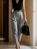 ZD260427293 High-Waist Double-Panel Pleated Solid Color Radish Trousers, Commuter Tapered Cropped Suit Pants, Belt Not Included - Grey