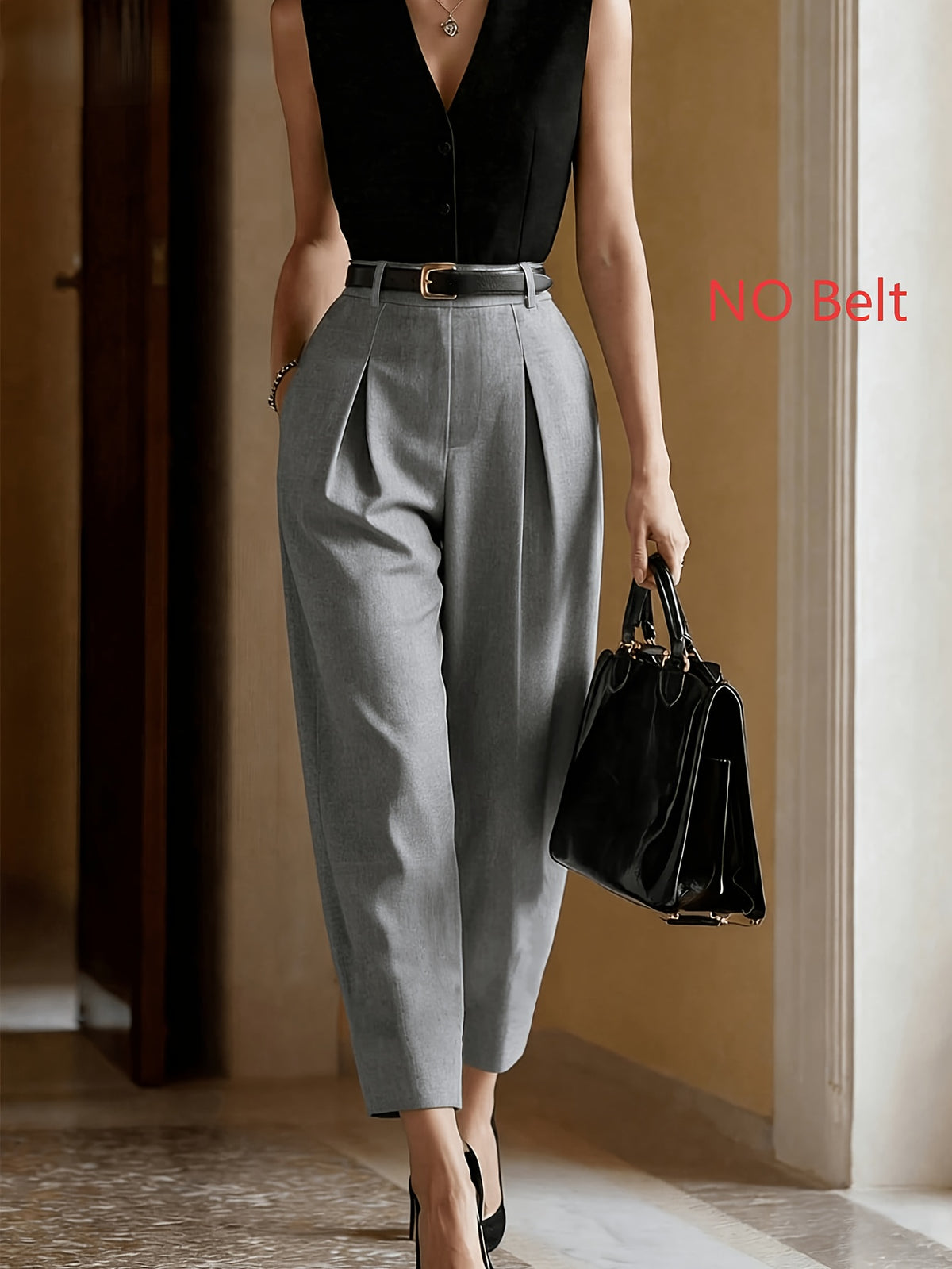 ZD260427293 High-Waist Double-Panel Pleated Solid Color Radish Trousers, Commuter Tapered Cropped Suit Pants, Belt Not Included - Grey