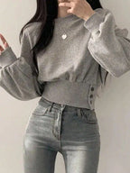 Autumn/Winter Solid Color Drop-Shoulder Long-Sleeve Button-Waist Casual Sweatshirt, Fall/Winter Graduation Wear, Back-to- Wear - Grey