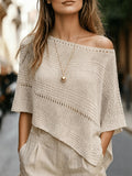 Women's Hollow-Out Cape Top, Boat Neck Irregular Hem Summer Beach Cover-Up, Seaside Bohemian Vacation Style Casual Top, Lightweight Breathable Loose Knitwear, Mesh Detail Horizontal Stripes, Relaxed Layering Style, Suitable for Holidays, Daily Wear - Beige