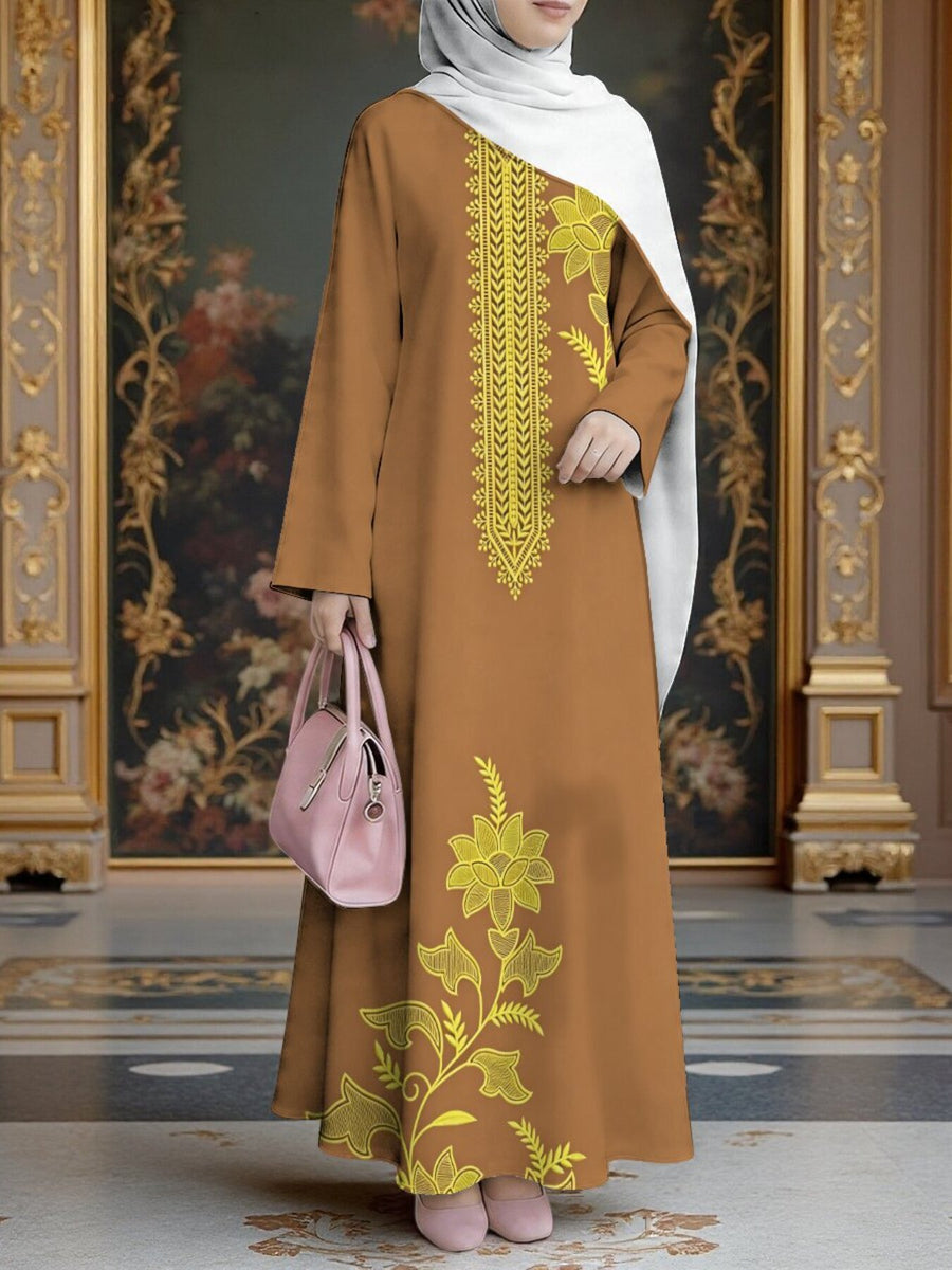 Women'S Middle Eastern Style Muslim Elegant Robe Dress, Suitable for Malaysian Dress, Fresh Floral Muslim Long Skirt, Loose A-Line Long Sleeve Cut, Daily Prayer And Outing Wear, Non-Stretchy Non- Craft - Mixed colors