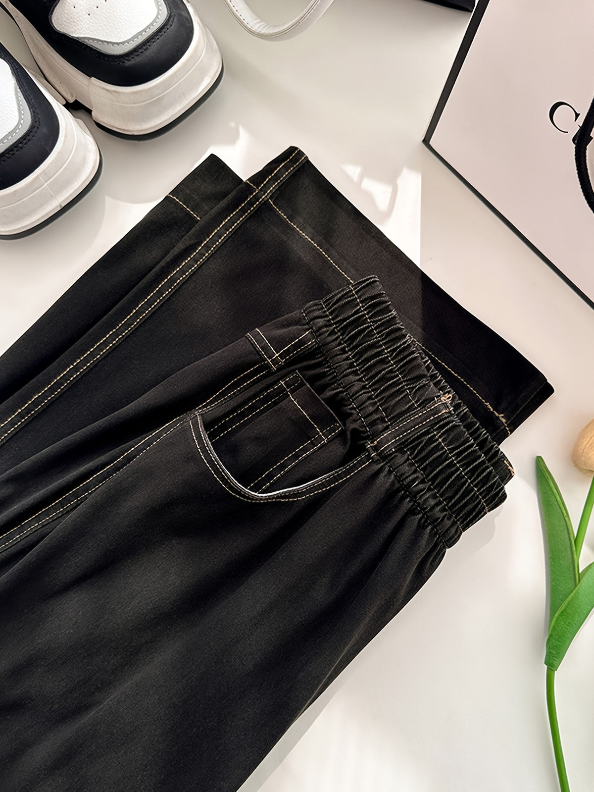 Women'S Tencel Denim Jeans, Spring/Summer Style, Thin Korean Style, High Waist, Slim Fit, Straight Leg, Wide Leg, Ice Flowy Casual Pants - Black