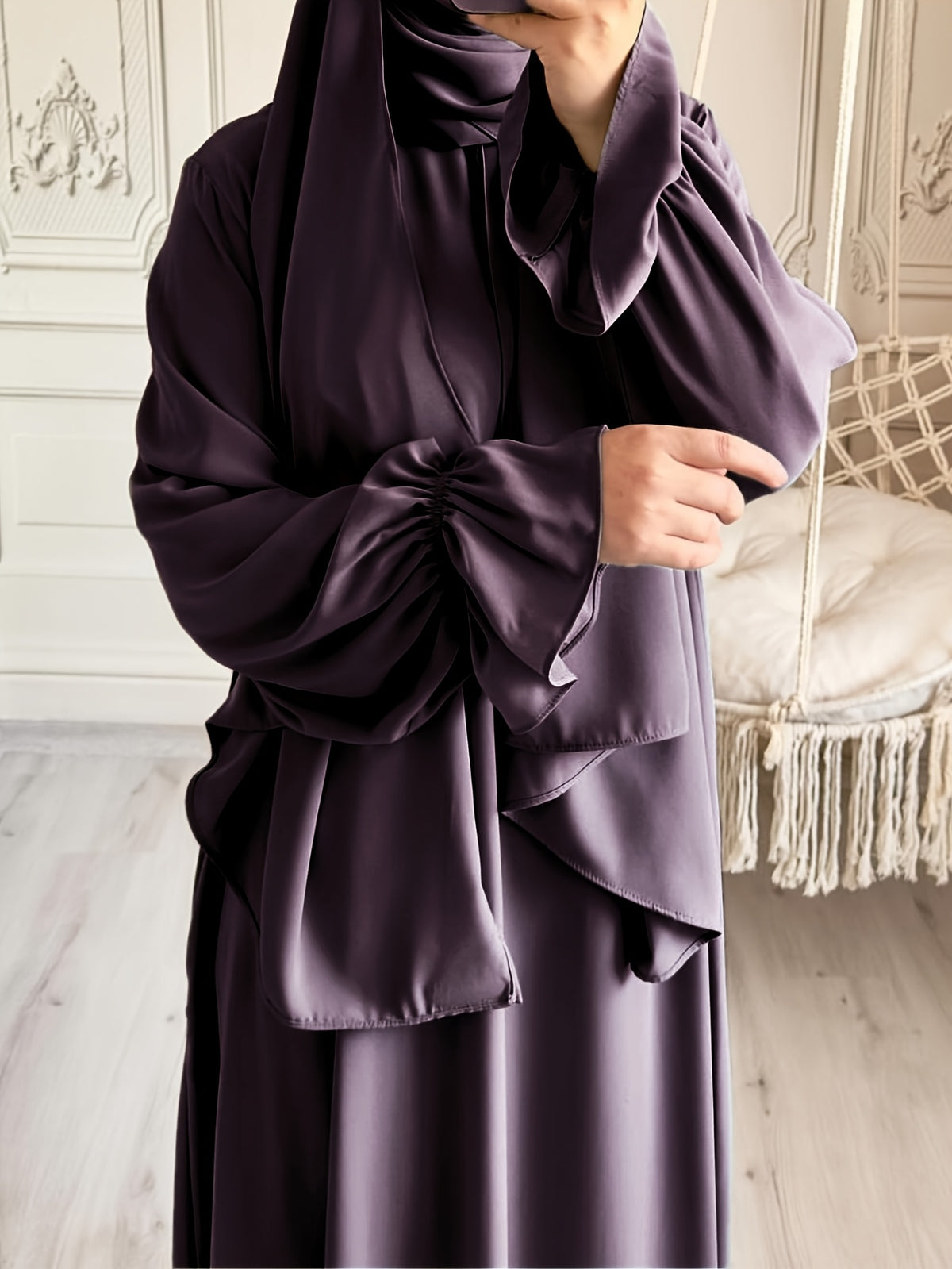 1pc Fashionable, Elegant And Casual One-Piece Solid-Colored Bellows Sleeve Suitable for Daily Wear. Loose And Comfortable Women'S Abaya Robe - Coffee Brown