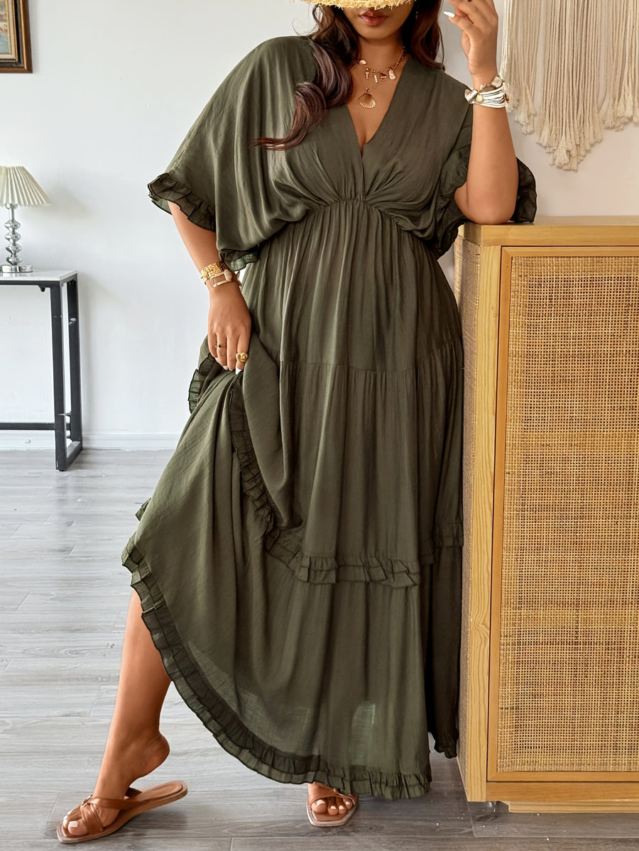 Plus Size, Plus Size French-Style Solid Color Romantic Ruffle Trim Regular Spring/Summer Dress - Olive Green
