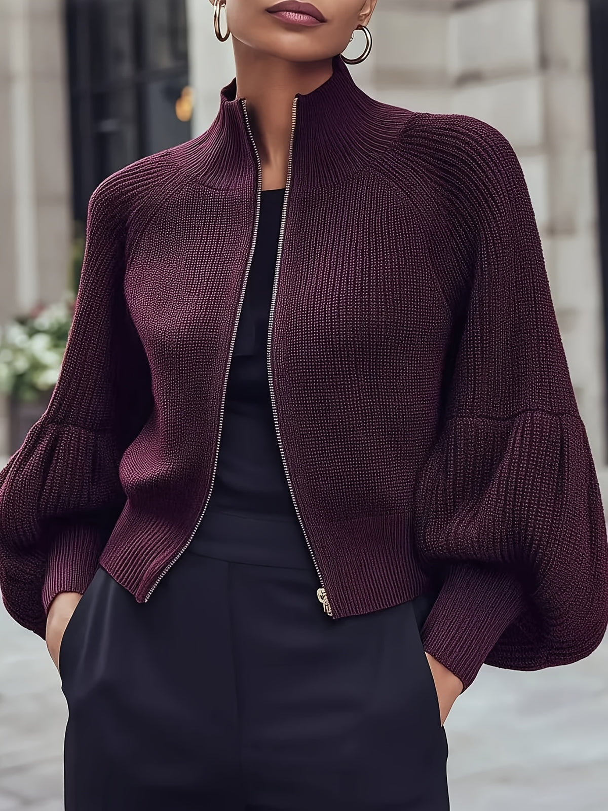 New Autumn/Winter 2026 Commuter Style Stand Collar Zipper Short Cardigan - Burgundy