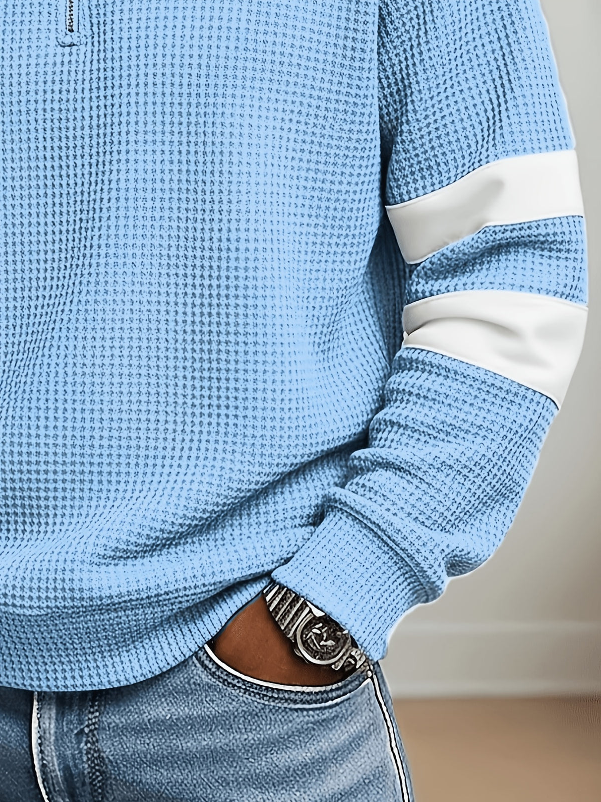 Men'S Henley Zip-Up Shirt - Sky Blue