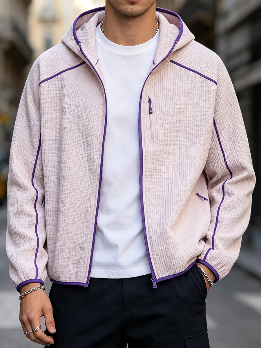 2026 New Men's Waffle Knit Textured Sport Jacket, Spring/Autumn Lightweight Hooded Outerwear, Suitable for Sports & Fitness, Outdoor Activities, Daily Home Wear, and Casual Outings - Pink Color